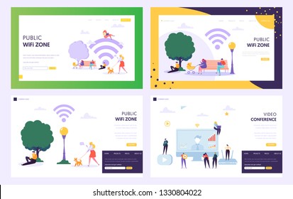 Public WiFi Hotspot Zone Concept Landing Page. Male and Female Character Use Internet in Park. People with Laptop or Smartphone Website or Web Page. Video Conference Flat Cartoon Vector Illustration