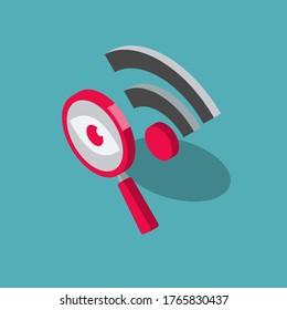 La seguridad wi-fi pública pone en riesgo el símbolo con una lupa y un símbolo wi-fi, aislado en un fondo azul. Diseño plano, fácil de usar para su sitio web o presentación.