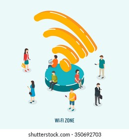 Public Wi-Fi zone wireless connection technology. Isometric 3d vector illustrations