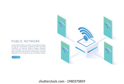 Public wireless network. Free internet zone and free wifi hotspot. Vector isometric with wifi sign and smartphone. Vector illustration.