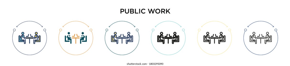 Public work icon in filled, thin line, outline and stroke style. Vector illustration of two colored and black public work vector icons designs can be used for mobile, ui, web