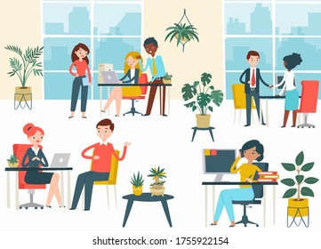 Public workshop place, coworking space character company people male female work corporation firm cartoon vector illustration. Group people sitting office, business centre cabinet, urban background.