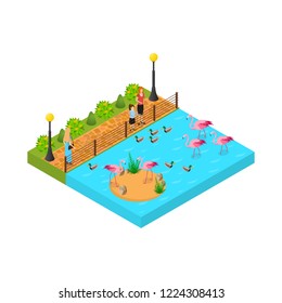 Public Zoo Concept 3d Isometric View Flamingo at Zoological Garden. Vector illustration