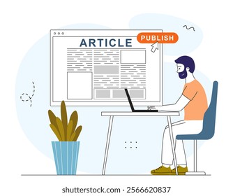 Publication of article. Man with laptop uploads article on Internet to website. Copywriter and content creator. Journalist and mass media. Digital document. Linear vector illustration