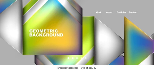 Publication featuring a brands logo in electric blue on a colorful geometric background with squares and triangles in shades of yellow. Ideal for advertising graphics on electronic devices