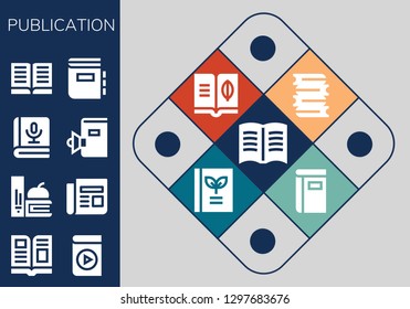  publication icon set. 13 filled publication icons. Simple modern icons about  - Book, Magazine, Audio book, Books, Newspaper, Dictionary