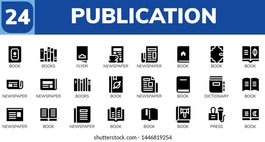 publication icon set. 24 filled publication icons.  Simple modern icons about  - Book, Books, Flyer, Newspaper, Dictionary, Press