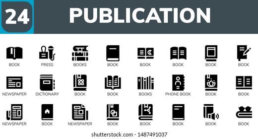 publication icon set. 24 filled publication icons.  Simple modern icons about  - Book, Press, Books, Newspaper, Dictionary, Phone book