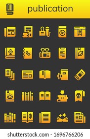 publication icon set. 26 filled publication icons. Included Newspaper, Press, Audio book, Bookmark, Book, Phone book, Trifold, Books icons