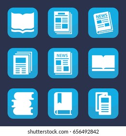 Publication icon. set of 9 filled publication icons such as book, news