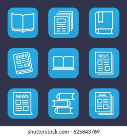 Publication icon. set of 9 outline publication icons such as book, news