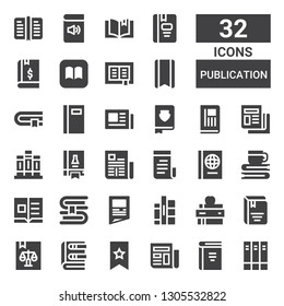 publication icon set. Collection of 32 filled publication icons included Books, Book, News, Bookmark, Newspaper, Flyer, Science book, Ibooks