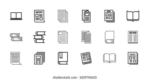 Publication icons. set of 18 editable outline publication icons: book, news