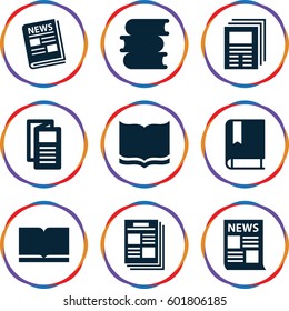 publication icons set. Set of 9 publication filled icons such as book, news