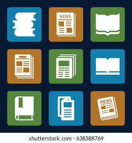 Publication icons set. set of 9 publication filled icons such as book, news
