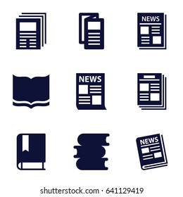Publication icons set. set of 9 publication filled icons such as book, news