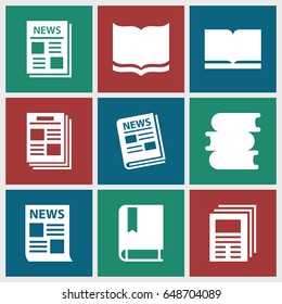 Publication icons set. set of 9 publication filled icons such as book, news