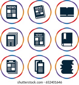 Publication icons set. set of 9 publication filled icons such as book, news