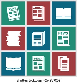 Publication icons set. set of 9 publication filled icons such as book, news