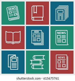 Publication icons set. set of 9 publication outline icons such as book, news