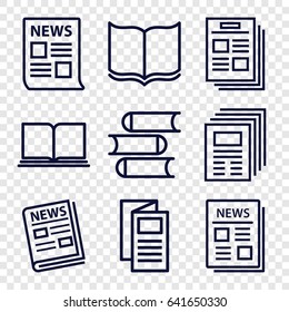 Publication icons set. set of 9 publication outline icons such as book, news
