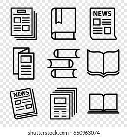 Publication icons set. set of 9 publication outline icons such as book, news