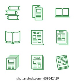 Publication icons set. set of 9 publication outline icons such as book, news