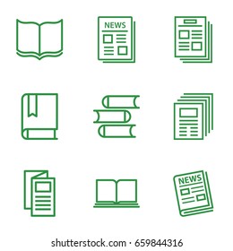 Publication icons set. set of 9 publication outline icons such as book, news