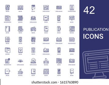 publication icons set. Collection of publication with news, book, open book, phone book, newspaper, books. Editable and scalable publication icons.