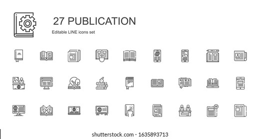 publication icons set. Collection of publication with news, newspaper, book, open book, books. Editable and scalable publication icons.