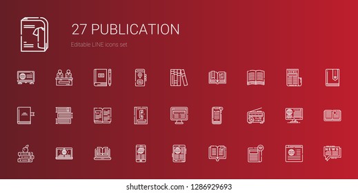 publication icons set. Collection of publication with newspaper, book, news, open book, books, phone book, catalogue. Editable and scalable publication icons.