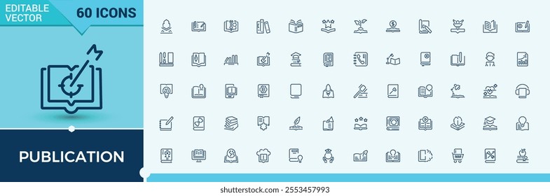 Publication linear icon collection. Includes icons for read, vector, symbol, smart, line, object, stroke, collection. Outline icons pack. Editable stroke.