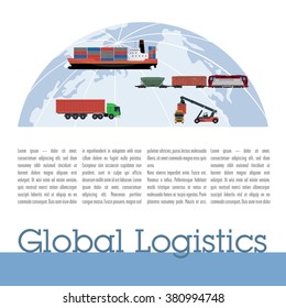 Publication template logistics. Contains the globe, ship, train, motor hauler columns of text and title.