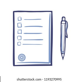 Publication with written tips information, documentation writing. Office paper document page and fountain pen isolated sketch icons, line art vector