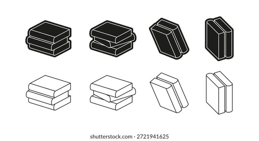 Pilhas e pilhas de publicações. Conjunto de ícones de livros monocromáticos vetoriais. Documentos isolados de escolas ou universidades, livros didáticos ou literatura. Aprender e estudar, obter educação em biblioteca
