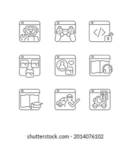 Public-facing internet applications linear icons set. Robotics platforms. Video games. Photo sharing. Customizable thin line contour symbols. Isolated vector outline illustrations. Editable stroke