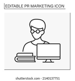 Publicist line icon. Person create articles and books for readers. Content manager. Journalism. HR worker. PR marketing concept. Isolated vector illustrations. Editable stroke