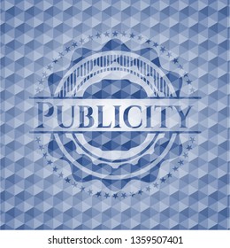 Publicity blue badge with geometric pattern background.