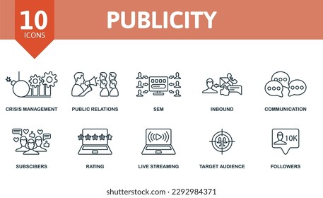 Publicity outline set. Creative icons: crisis management, public relations, sem, inbound, communication, subscribers, rating, live streaming, target audience, followers.