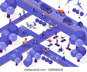 Publik Park Isometric Set. Driving, Cycling, Running And Yoga. Urban Future City. Healthy Lifestyle. Eco Energy. Green Technology. People On A White Background