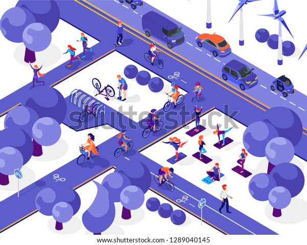 Publik park isometric set.\
Driving, cycling, running and yoga. Urban future city. Healthy\
lifestyle. Eco energy. Green technology. People on a white\
background