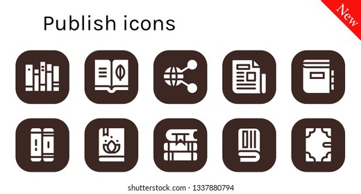 publish icon set. 10 filled publish icons.  Collection Of - Books, Book, Share, Newspaper, Dictionary, Library