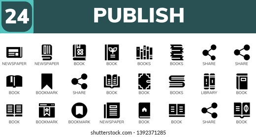 publish icon set. 24 filled publish icons.  Collection Of - Newspaper, Book, Books, Share, Bookmark, Library