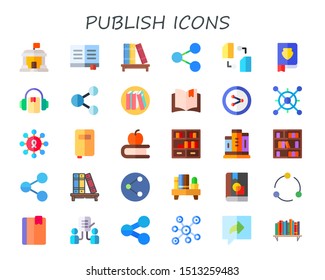 publish icon set. 30 flat publish icons.  Collection Of - library, book, bookshelf, share, sharing, audiobook, open book, books icons