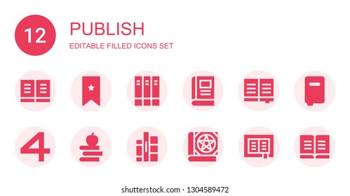 publish icon set. Collection of 12 filled publish icons included Book, Bookmark, Books, shared