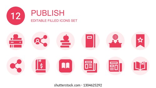 publish icon set. Collection of 12 filled publish icons included Book, Share, Books, News, Ibooks, Newspaper, Bookmark