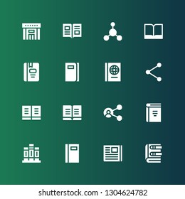 publish icon set. Collection of 16 filled publish icons included Book, Newspaper, Books, Share, Library