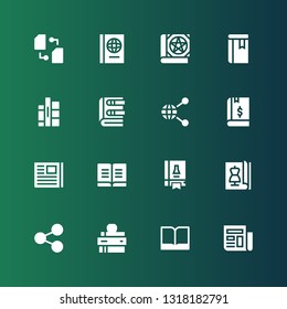 publish icon set. Collection of 16 filled publish icons included News, Book, Share, Magazine, Science book, Newspaper, Books, Sharing