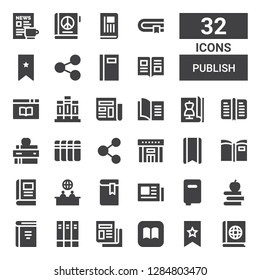 publish icon set. Collection of 32 filled publish icons included Book, Bookmark, Ibooks, Newspaper, Books, News, Library, Share, Magazine