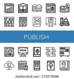 publish icon set. Collection of Newspaper, Bookstore, Magazine, Open book, Book, News, Booking, Books, Design book icons